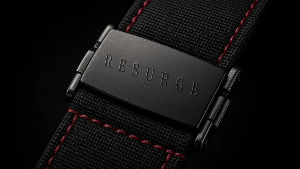 NIGHTSTRIKE black deployant clasp engraved RESURGE, on the black FKM strap (prototype render)