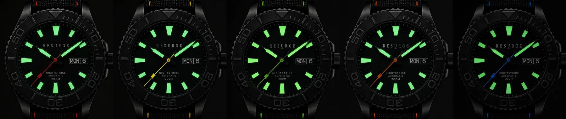 NIGHTSTRIKE in five colors, lights off. We opted out of lumed minute marks, so the dial-edge marks stay dark grey (prototype render)