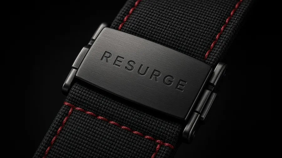 Prototype render of the first clasp design with RESURGE in plain capital letters, before the final logo
