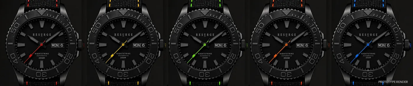 Prototype render of five NIGHTSTRIKE watches in red, yellow, green, orange and blue, each dial reading 200M