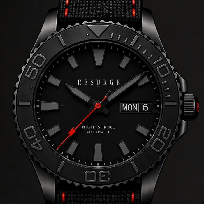 Prototype render close-up of a red NIGHTSTRIKE with dark grey minute marks and no white dots around the dial edge