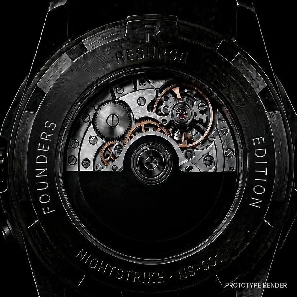 NIGHTSTRIKE Founders sapphire exhibition caseback: R and RESURGE at 12, FOUNDERS at 9, EDITION at 3, NIGHTSTRIKE NS-001 at 6, plain black rotor (prototype render)