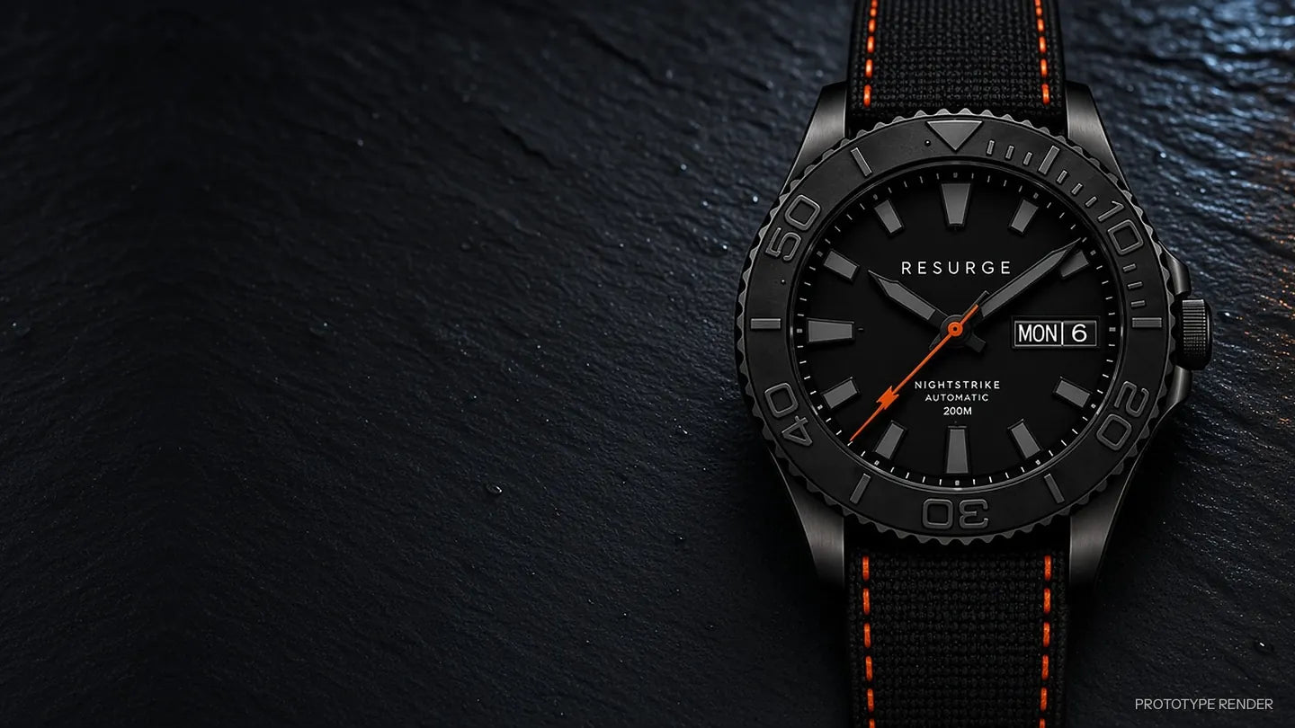NIGHTSTRIKE Momentum automatic sport watch, matte black PVD-coated 316L steel, 42mm, orange-stitched FKM strap on wet slate (prototype render)