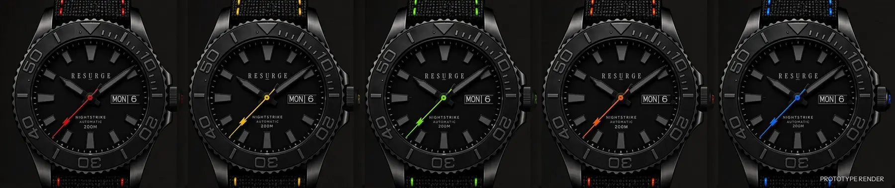 NIGHTSTRIKE in five colors: Drive (red), Focus (yellow), Progress (green), Momentum (orange) and Perspective (blue) (prototype render)