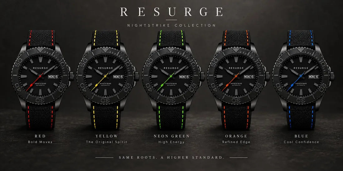 Prototype render of five NIGHTSTRIKE watches in red, yellow, green, orange and blue, the Oct 15 version of the master design, since updated