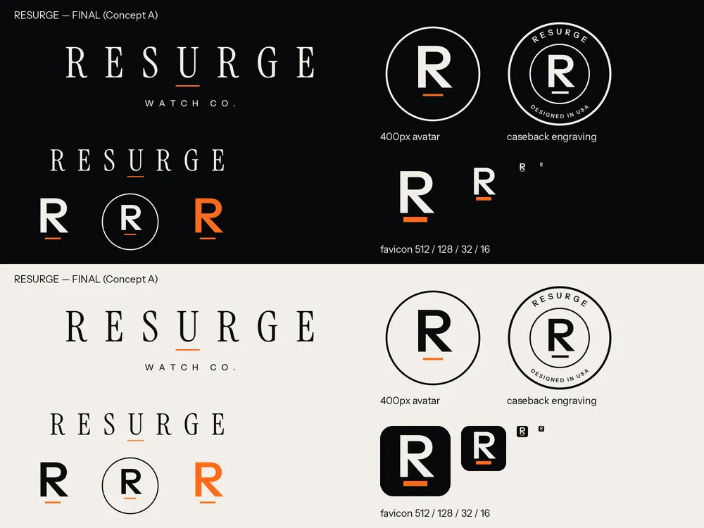 Final RESURGE logo board: serif wordmark, bold R icon and caseback engraving mark