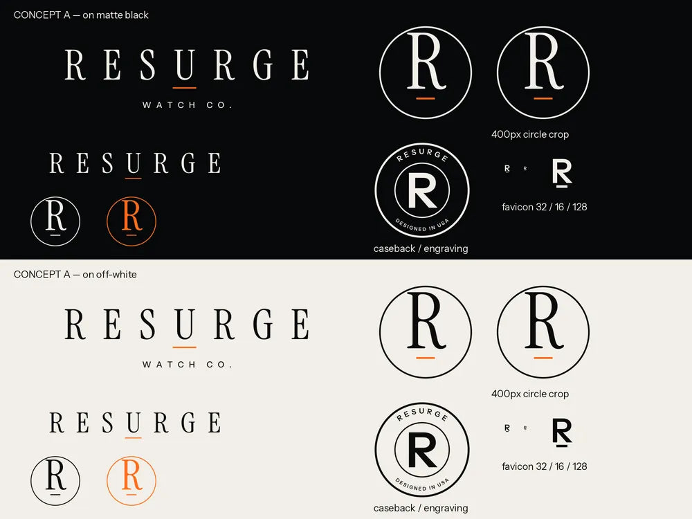 RESURGE logo concept board with the serif wordmark and circled R variations, before the final logo
