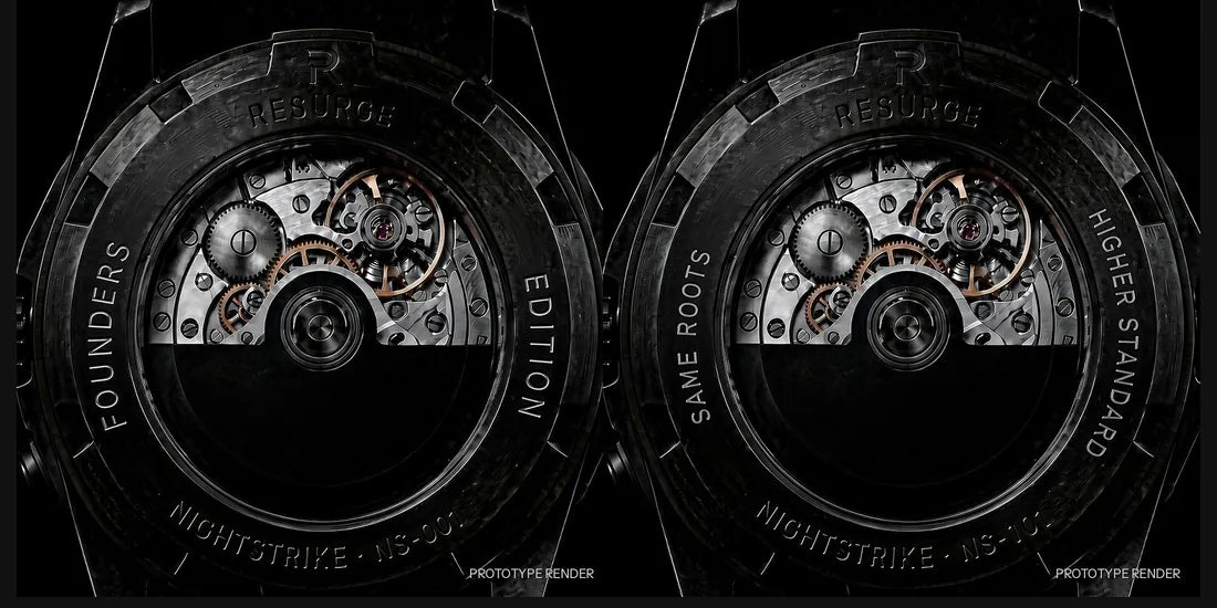 Prototype render of two NIGHTSTRIKE casebacks side by side: Founders Edition numbered NS-001 on the left, regular numbered NS-101 on the right