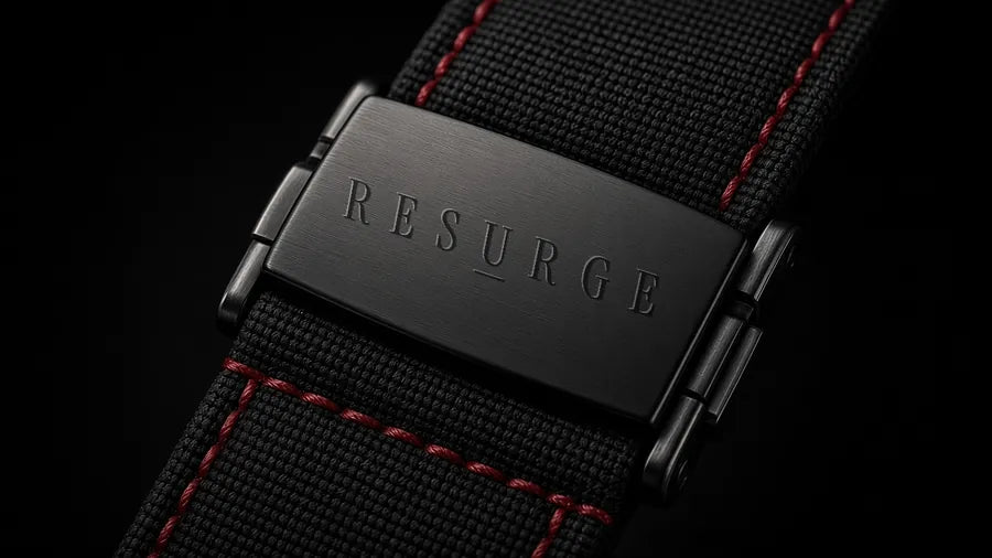 Prototype render of the redrawn clasp with the final RESURGE serif wordmark engraved
