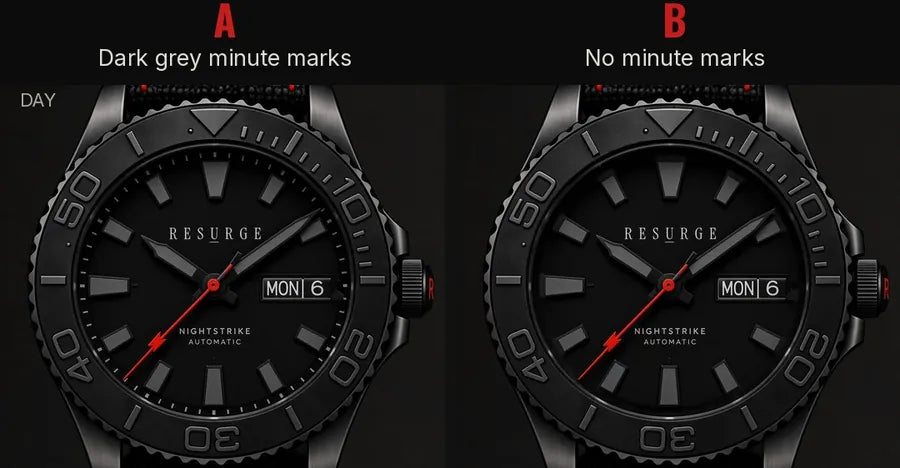 Prototype render poll image: option A with dark grey minute marks beside option B with no minute marks